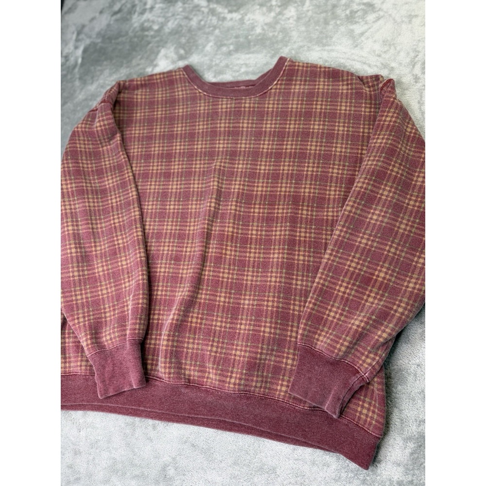 Vintage USA Classic Plaid Sweatshirt Fall Burgundy Pullover Size Large